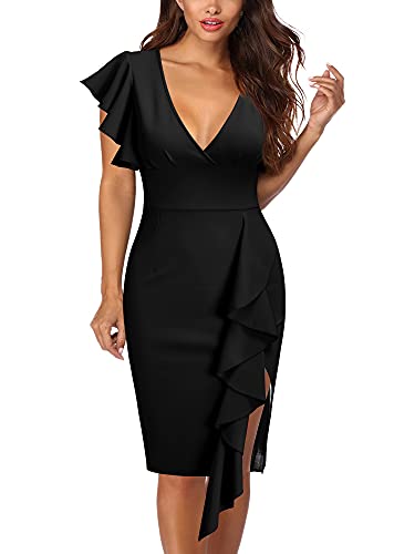 Black Women's Deep-V Neck Ruffle Sleeves Cocktail Party Pencil Slit Formal Dress - Knitee