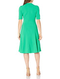 Women's Short Sleeve Tie-Neck Stretch Knit Crepe Fit and Flare Dress