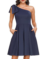 Navy One Off Shoulder High Low A Line Wedding Guest Party Cocktail Dress - JASAMBAC