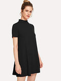Women's Elegant Plain Short Sleeve Mock Neck Loose T Shirt Dress Swing Dress