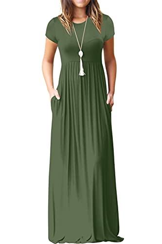 A+ Army Green Maxi Dress Summer Casual Long Dresses for Laydies with Pockets - GRECERELLE