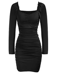 LIUMILAC Women Ruched Pencil Dress Long Sleeve Square Neck Hips-Wrapped Bodycon Dress | Women's Cocktail Dresses