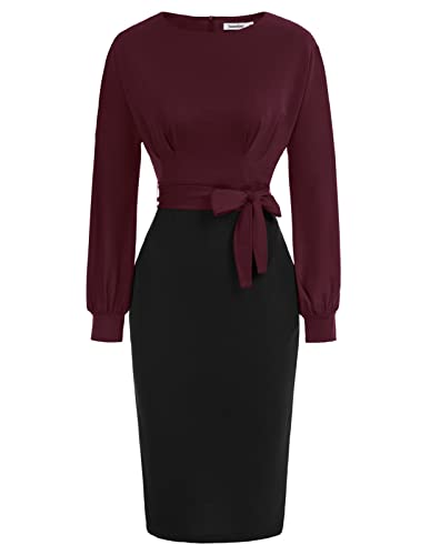 Wine Red Black Long Sleeve Women's Bodycon Pencil Dress Office Wear to Work Dresses with Pocket Belt - JASAMBAC