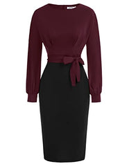 Wine Red Black Long Sleeve Women's Bodycon Pencil Dress Office Wear to Work Dresses with Pocket Belt - JASAMBAC