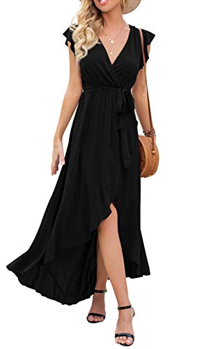 Black  Women's Summer Floral Print Cross V Neck Dress Bohemian Flowy Long Maxi Dresses - GRECERELLE