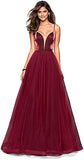 Sexy V Neck Sleeveless Spaghetti Velvet and Tulle Stitching A-Line Prom Dress for Women Long Fomal Gowns 2021