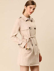 Women's Notched Lapel Double Breasted Faux Suede Trench Coat with Belt | Women's Coat & Jacket