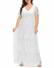 Women Plus Size V Neck Floral Lace Maxi Boho Wedding Short Sleeve Cocktail A Line Dress