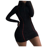 Women Long Sleeve Bodycon Dress with Zipper High Neck Cotton Outfits Fitness Mini Dresses