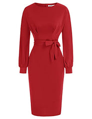 Red Long Sleeve Women's Bodycon Pencil Dress Office Wear To Work Dresses With Pocket Belt Jasambac