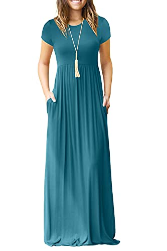 Acid Blue Casual Short/Long Sleeve Maxi Dress with Pockets - HAOMEILI