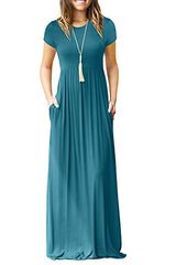 Acid Blue Casual Short/Long Sleeve Maxi Dress with Pockets - HAOMEILI