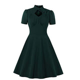 Women's Mock Neck Diamond Cutout Pleated Front 1940s Vintage Dress