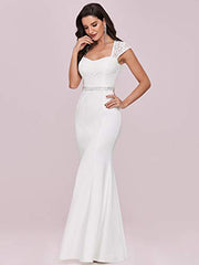 Lace Crystal Cap Sleeve V Neck Beading Mermaid Wedding Dress For Party 0218