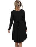 KoJooin Women Crew Neck Long Sleeve T-Shirt Dress Casual Pullover Adjustable Drawstring Midi Dress with Pockets | Women's Casual Dresses