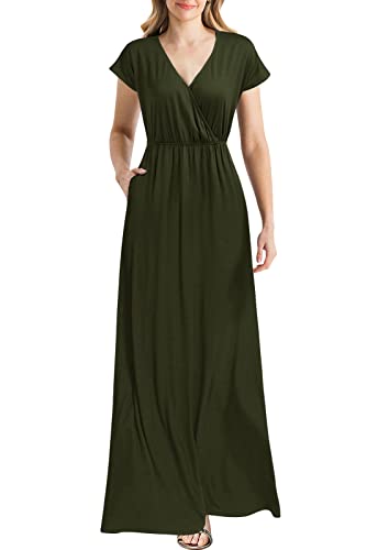 Army Women Cap Sleeve Loose Plain Pockets Maxi Casual Formal Long Dres Original Brand