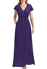 Purple Women Cap Sleeve Loose Plain Pockets Maxi Casual Formal Long Dresses - REPHYLLIS | Women's Formal Dresses