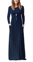 Navy Blue Casual Short/Long Sleeve Maxi Dress with Pockets - HAOMEILI