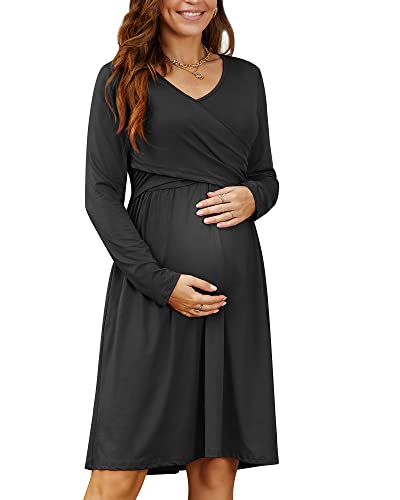 ULTRANICE Womens Long Sleeve Breastfeeding Dress Casual V Neck