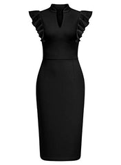 Women's Vintage Ruffle Sleeve V-Neck Bodycon Evening Party Cocktail Pencil Sheath Dress