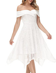 White Lace Off Shoulder High Low A Line Wedding Guest Party Cocktail Dress - JASAMBAC