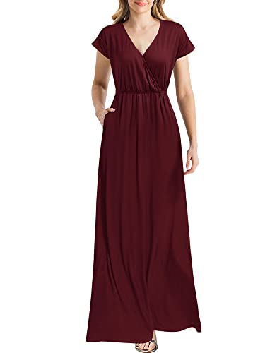 Dark Red Women Cap Sleeve Loose Plain Pockets Maxi Casual Formal Long Dresses - REPHYLLIS | Women's Formal Dresses