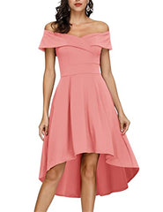 Light Pink Women's Off Shoulder High Low A Line Wedding Guest Party Cocktail Dress - JASAMBAC