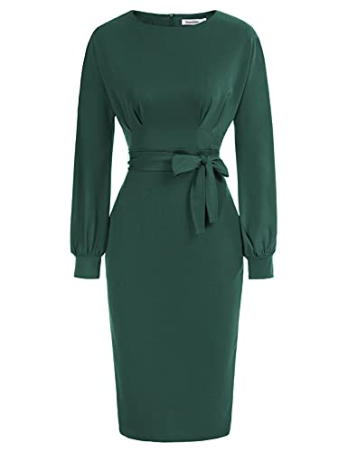 Dark Green Long Sleeve Women's Bodycon Pencil Dress Office Wear To Work Dresses With Pocket Belt Jasambac