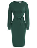 Dark Green Long Sleeve Women's Bodycon Pencil Dress Office Wear To Work Dresses With Pocket Belt Jasambac | Women's Work Dresses