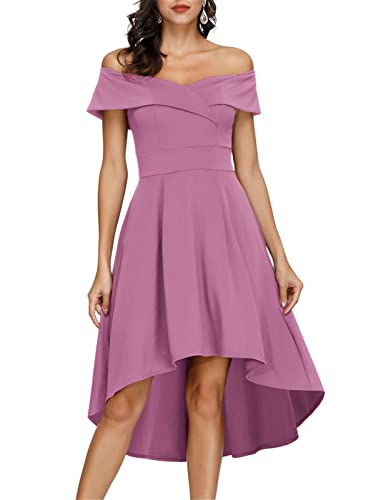 Light Purple Off Shoulder High Low A Line Wedding Guest Party Cocktail Dress - JASAMBAC