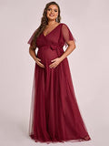 Women's Double V Neck Short Ruffle Sleeve Maxi Maternity Dress with Sash - Sara Clothes