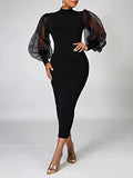 Women's See Through Bodycon Dress Long Puff Lantern Sleeve Sheer Mesh Dress Sexy Club Party Midi Dress Clubwear