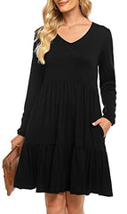 Berydress Wedding Guest Dresses for Women Casual Fall Long Sleeve Tiered Cotton Loose Babydoll Black Dresses with Pockets | Women's Casual Dresses