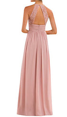 Women's Halter Lace A-line Chiffon Floor-length Bridesmaid Dress