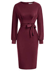 Wine Red Women's Bodycon Pencil Dress Office Wear To Work Dresses With Pocket Belt Jasambac