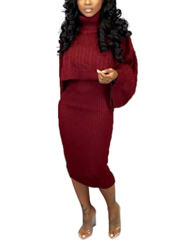 Famnbro Women's 2 Piece Winter Outfits Cable Knit Turtleneck Cropped Sweater Bodycon Midi Dress Sets | Women's Casual Dresses