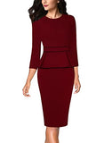 Dark Red With Black Piping Womens Pleated Crew Neck Peplum Wear To Work Office Sheath Dress Vfshow