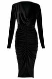 Ladies Velvet Front Ruched Bodycon Midi Dress Womens Cowl Neck Plain Party Dress