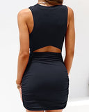 Women's Ruched Bodycon Tank Dress Crew Neck Back Cut Out Sleeveless Ribbed Mini Dresses