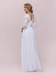 Women's Lace Round Neck Long Sleeve Simple Chiffon Wedding Dress 7412-eh