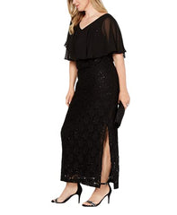 Apparel Womens Slitted Lace Short Sleeve V Neck Maxi Sheath Formal Dress Black Size 14w 14