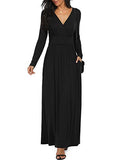 LILBETTER Women Long Sleeve Deep V Neck Loose Plain Long Maxi Casual Dress - black - X-Large