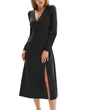Women's Sexy Deep V-Neck Puff Long Sleeve Slim Fit Split Flared A Line Dress S-XXL | Women's Formal Dresses