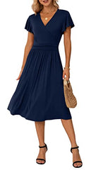 Navy Blue Summer Wrap Dress Ladies Casual Ruffle Short Sleeve V-Neck Floral Beach - GRECERELLE