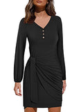 YATHON Fall Dresses for Women with Long Sleeve V Neck Bodycon Ruched Tie Waist Sheath Casual Party Cocktail Short Mini Dress | Women's Casual Dresses