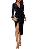 Women's Velvet Deep V Neck Wrap Split Hem Long Sleeve Midi Dress