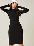 Women's Mock Neck Long Sleeve Rib Knit Midi Bodycon Pencil Dress