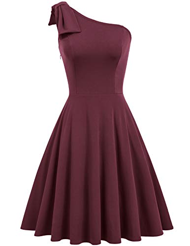 Wine Red One Off Shoulder High Low A Line Wedding Guest Party Cocktail Dress - JASAMBAC