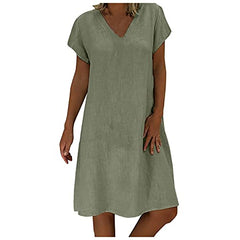 TIMEMEAN Linen Dresses for Women V Neck Summer Short Sleeve Vintage Ethnic Midi Dress | Women's Casual Dresses
