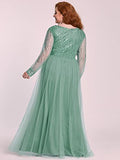 Women's V Neck Long Sleeve Sequin Embroidery Floor Length Formal Dress - Sara Clothes